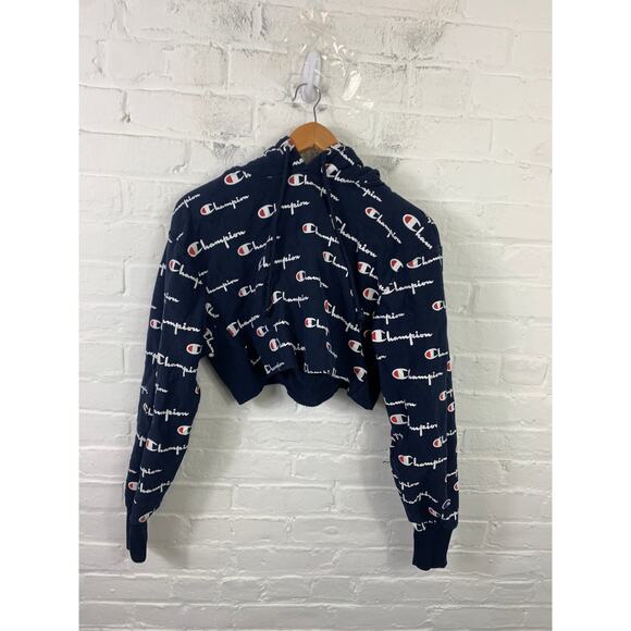 Champion Womens Reverse Weave Logo Print Cropped Sweater Long Sleeve Blue Size S - Picture 1 of 5